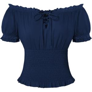 image:imageScarlet Darkness Peasant Blouse for Women Off Shoulder Puff Sleeve Smocked Waist Summer TopsNavy
