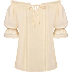 image:imageScarlet Darkness Peasant Blouses for Women Cotton Off The Shoulder Top Puff Sleeve Renaissance ShirtApricot