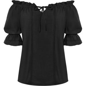 image:imageScarlet Darkness Peasant Blouses for Women Cotton Off The Shoulder Top Puff Sleeve Renaissance ShirtBlack