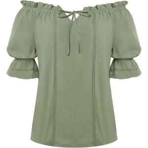 image:imageScarlet Darkness Peasant Blouses for Women Cotton Off The Shoulder Top Puff Sleeve Renaissance ShirtGreen