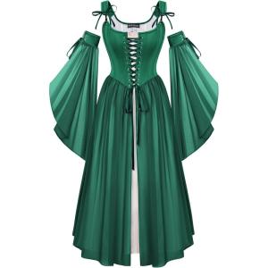 image:imageScarlet Darkness Renaissance Costume Women Fairy Corset Dress Medieval 2 Piece Set Bell Sleeve Cosplay OverdressDark Green