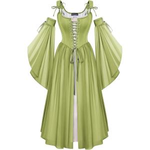 image:imageScarlet Darkness Renaissance Costume Women Fairy Corset Dress Medieval 2 Piece Set Bell Sleeve Cosplay OverdressLight Green