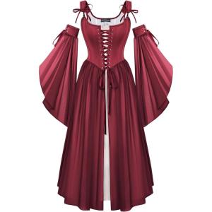 image:imageScarlet Darkness Renaissance Costume Women Fairy Corset Dress Medieval 2 Piece Set Bell Sleeve Cosplay OverdressWine Red