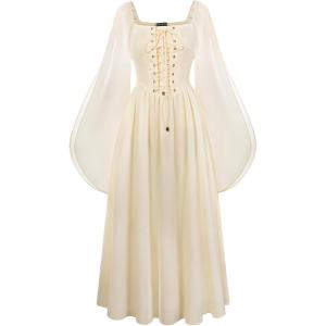 image:imageScarlet Darkness Renaissance Costume Women Pirate Dresses Split Bell Sleeve Medieval Ren Faire Dress with PocketsApricot