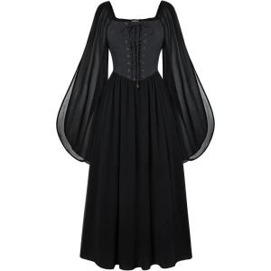 image:imageScarlet Darkness Renaissance Costume Women Pirate Dresses Split Bell Sleeve Medieval Ren Faire Dress with PocketsBlack