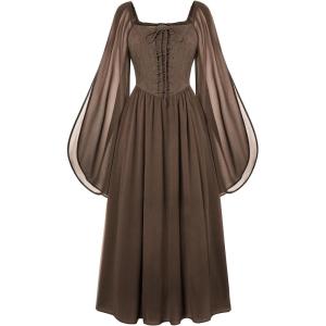 image:imageScarlet Darkness Renaissance Costume Women Pirate Dresses Split Bell Sleeve Medieval Ren Faire Dress with PocketsBrown