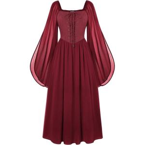 image:imageScarlet Darkness Renaissance Costume Women Pirate Dresses Split Bell Sleeve Medieval Ren Faire Dress with PocketsDark Red