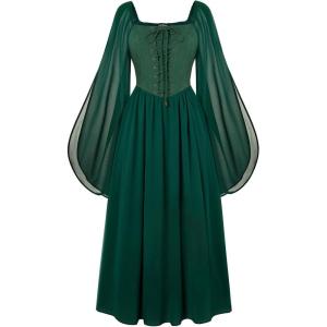 image:imageScarlet Darkness Renaissance Costume Women Pirate Dresses Split Bell Sleeve Medieval Ren Faire Dress with PocketsForest Green