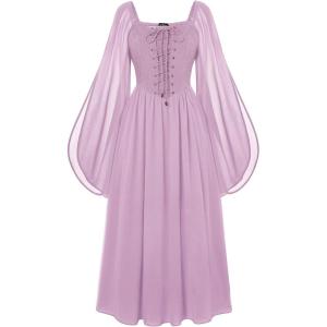 image:imageScarlet Darkness Renaissance Costume Women Pirate Dresses Split Bell Sleeve Medieval Ren Faire Dress with PocketsPink Purple