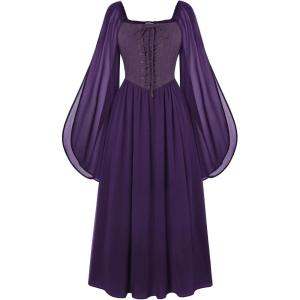 image:imageScarlet Darkness Renaissance Costume Women Pirate Dresses Split Bell Sleeve Medieval Ren Faire Dress with PocketsPurple