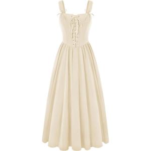 image:imageScarlet Darkness Renaissance Dress Women Lace Up Cottagecore Sleeveless Long Dress Medieval CostumeApricot
