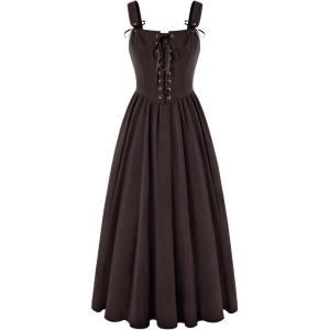 image:imageScarlet Darkness Renaissance Dress Women Lace Up Cottagecore Sleeveless Long Dress Medieval CostumeCoffee
