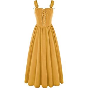 image:imageScarlet Darkness Renaissance Dress Women Lace Up Cottagecore Sleeveless Long Dress Medieval CostumeYellow