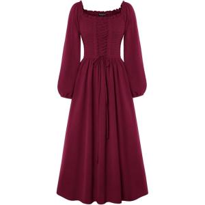 image:imageScarlet Darkness Renaissance Dress Women Long Sleeve Cottagecore Smoked Dress with PocketsDark Red