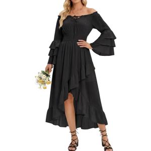 image:imageScarlet Darkness Renaissance Dress Women Medieval Off Shoulder Peasant Flowy Ruffle Sleeve Maxi Wedding Guest DressBlack