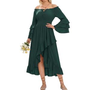 image:imageScarlet Darkness Renaissance Dress Women Medieval Off Shoulder Peasant Flowy Ruffle Sleeve Maxi Wedding Guest DressOlive Green
