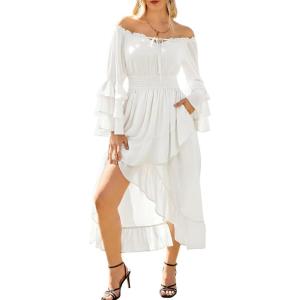 image:imageScarlet Darkness Renaissance Dress Women Medieval Off Shoulder Peasant Flowy Ruffle Sleeve Maxi Wedding Guest DressWhite