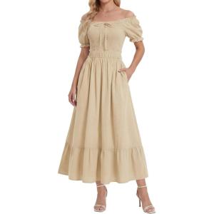 image:imageScarlet Darkness Renaissance Dress Women Short Sleeve Smocked Dresses Cotton Fairy Dress with PocketsApricot