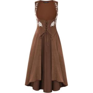 image:imageScarlet Darkness Renaissance Hood Dress for Women Medieval Costume Underbust Pirate Dresses with PocketsBrown Orange