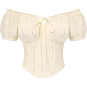 image:imageScarlet Darkness Renaissance Shirt Women Short Sleeve Corset Tops Peasant BlousesApricot