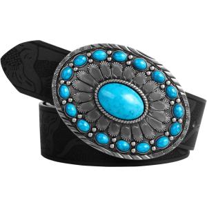 image:imageScarlet Darkness Western Belt for Women Leather Cowgirl Belt with Turquoise Buckle Country Belts for Jeans DressesBlack Cow Print With Turquoise