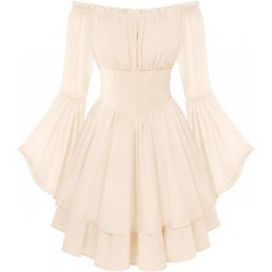 image:imageScarlet Darkness Women Corset Dress Off Shoulder Bell Sleeve Ruffled Fairy Mini DressApricot