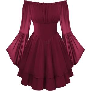 image:imageScarlet Darkness Women Corset Dress Off Shoulder Bell Sleeve Ruffled Fairy Mini DressBurgundy Red