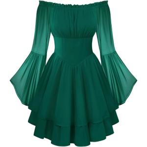 image:imageScarlet Darkness Women Corset Dress Off Shoulder Bell Sleeve Ruffled Fairy Mini DressForest Green