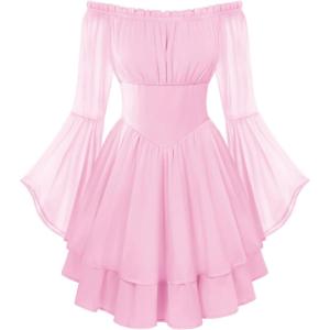 image:imageScarlet Darkness Women Corset Dress Off Shoulder Bell Sleeve Ruffled Fairy Mini DressLight Pink