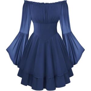 image:imageScarlet Darkness Women Corset Dress Off Shoulder Bell Sleeve Ruffled Fairy Mini DressNavy Blue