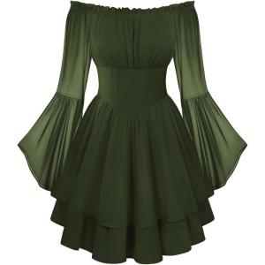 image:imageScarlet Darkness Women Corset Dress Off Shoulder Bell Sleeve Ruffled Fairy Mini DressOlive Green