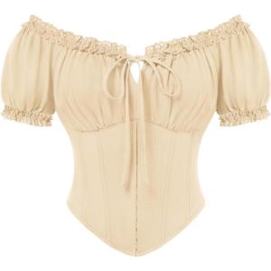 image:imageScarlet Darkness Women Corset Tops Renaissance Off the Shoulder Shirt Summer Dressy Lace Square Neck BlouseApricot