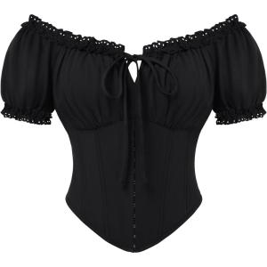 image:imageScarlet Darkness Women Corset Tops Renaissance Off the Shoulder Shirt Summer Dressy Lace Square Neck BlouseBlack