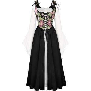 image:imageScarlet Darkness Women Renaissance Costume Floral Lace Up Bell Sleeve Peasant Medieval Fairy DressBlack