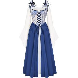 image:imageScarlet Darkness Women Renaissance Costume Floral Lace Up Bell Sleeve Peasant Medieval Fairy DressCobalt Grape