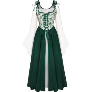 image:imageScarlet Darkness Women Renaissance Costume Floral Lace Up Bell Sleeve Peasant Medieval Fairy DressDark Green