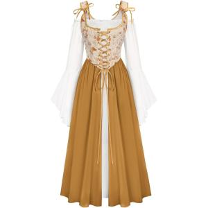 image:imageScarlet Darkness Women Renaissance Costume Floral Lace Up Bell Sleeve Peasant Medieval Fairy DressHarvest Mushroom