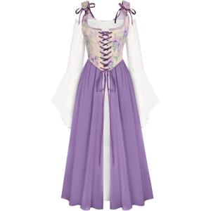 image:imageScarlet Darkness Women Renaissance Costume Floral Lace Up Bell Sleeve Peasant Medieval Fairy DressLavender Iris