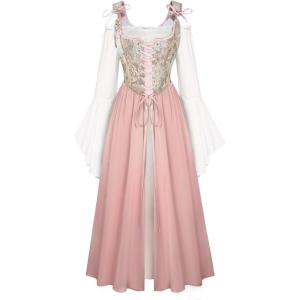 image:imageScarlet Darkness Women Renaissance Costume Floral Lace Up Bell Sleeve Peasant Medieval Fairy DressLotus