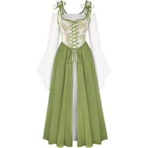 image:imageScarlet Darkness Women Renaissance Costume Floral Lace Up Bell Sleeve Peasant Medieval Fairy DressParrot Green