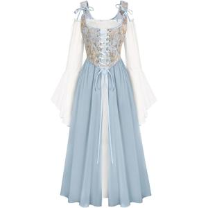 image:imageScarlet Darkness Women Renaissance Costume Floral Lace Up Bell Sleeve Peasant Medieval Fairy DressVintage Blue Floral
