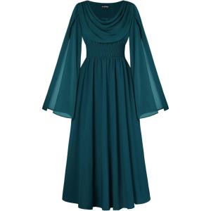 image:imageScarlet Darkness Women Renaissance Dress Split Bell Sleeve Cowl Neck Peasant Medieval DressBlue Green