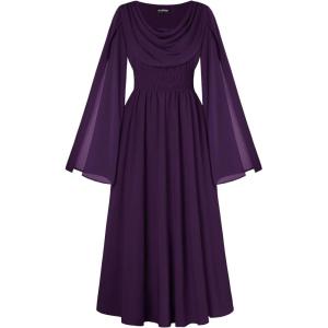 image:imageScarlet Darkness Women Renaissance Dress Split Bell Sleeve Cowl Neck Peasant Medieval DressDark Purple