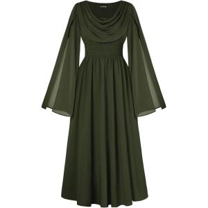 image:imageScarlet Darkness Women Renaissance Dress Split Bell Sleeve Cowl Neck Peasant Medieval DressOlive Green