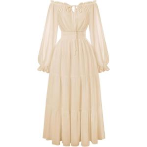 image:imageScarlet Darkness Women Renaissance Off Shoulder Split Sleeve Smocked Waist Tiered Maxi DressApricot
