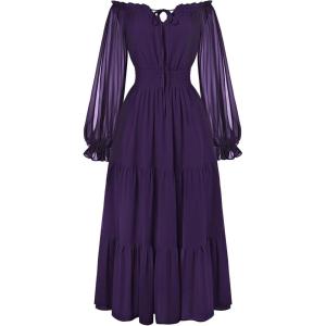 image:imageScarlet Darkness Women Renaissance Off Shoulder Split Sleeve Smocked Waist Tiered Maxi DressDark Purple