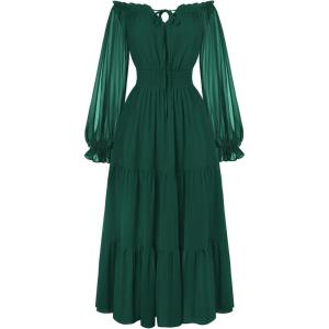 image:imageScarlet Darkness Women Renaissance Off Shoulder Split Sleeve Smocked Waist Tiered Maxi DressForest Green