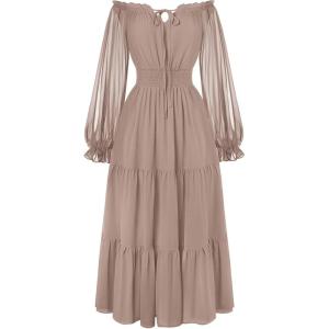 image:imageScarlet Darkness Women Renaissance Off Shoulder Split Sleeve Smocked Waist Tiered Maxi DressKhaki