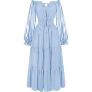image:imageScarlet Darkness Women Renaissance Off Shoulder Split Sleeve Smocked Waist Tiered Maxi DressLight Blue