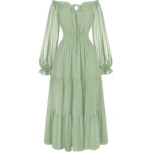 image:imageScarlet Darkness Women Renaissance Off Shoulder Split Sleeve Smocked Waist Tiered Maxi DressLight Green